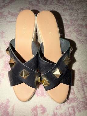Anthropologie Maypol Black Gold Espadrille Leather Wedge Sandals 38 /7.5